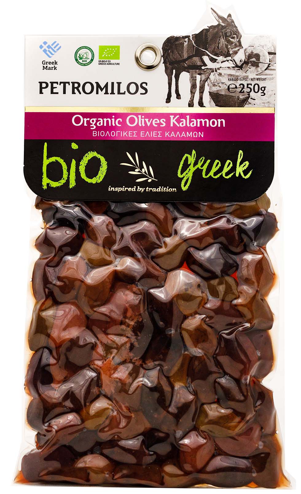 petromilos-bio-black.jpg Βιολογικές Ελιές Καλαμών Petromilos 250gr – κωδ.204142 - Image 1